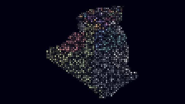 Algeria map animation. Shape of the country with pulsating colored dots. Small size square blocks. Digital style Algeria map on dark background. Amazing video.