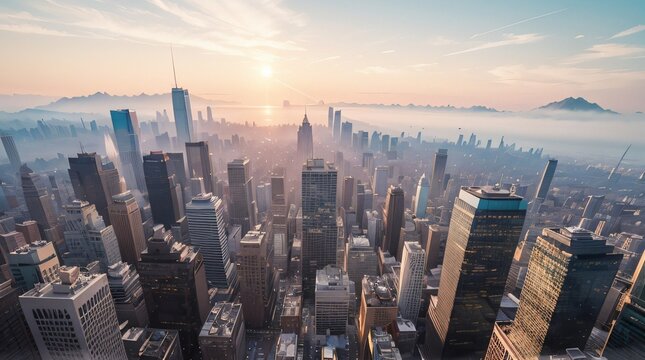 Panoramic view of urban sprawl at sunset with dramatic lighting