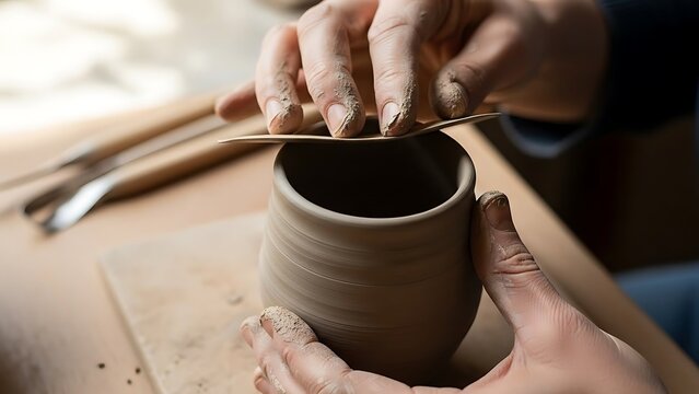 Close up shaping clay art in pottery workshop for beginners course