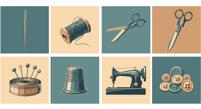 Collection of sewing and tailoring tools needle thread scissors pins thimble