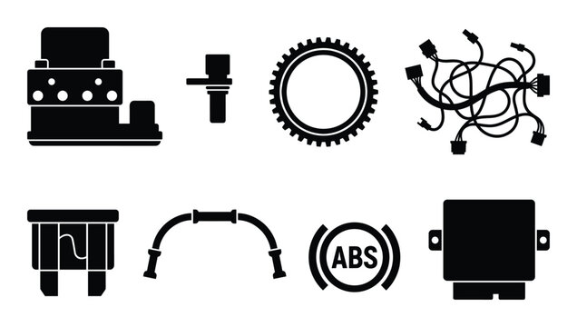 Automotive electronic control units and parts black icons on transparent background