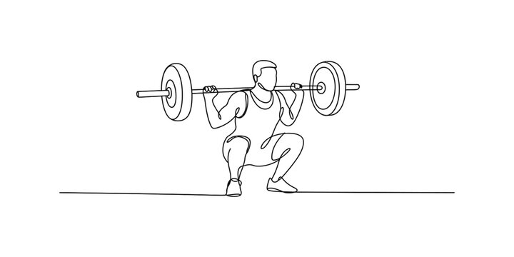 A single continuous line drawing of an athlete performing a heavy barbell back squat exercise. Vector, illustration