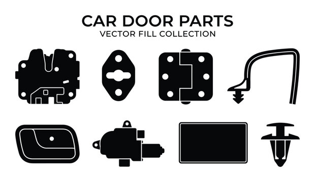 Car door parts vector fill collection including latch hinge handle and motor icons on transparent bg