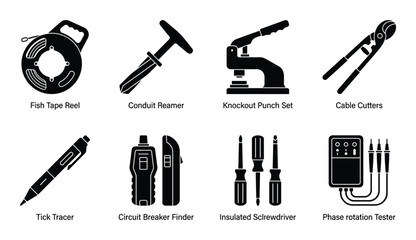 Fototapeta premium Electrician tools and testing equipment icons set featuring fish tape circuit finder and volt meter