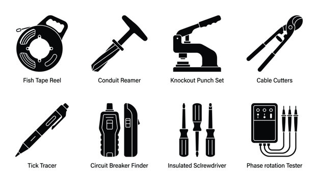 Electrician tools and testing equipment icons set featuring fish tape circuit finder and volt meter