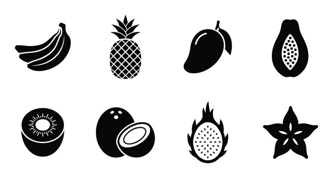Exotic tropical fruit icons set with banana pineapple mango papaya kiwi coconut dragon and starfruit