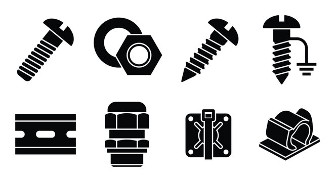 Hardware fasteners and electrical cable management accessories silhouette collection for industry