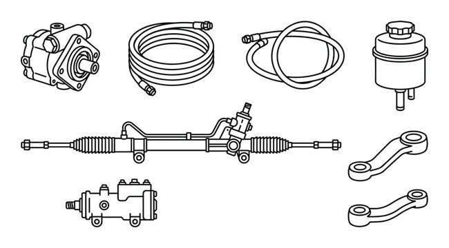 Hydraulic power steering system components with rack and pinion pump hoses and reservoir line icons