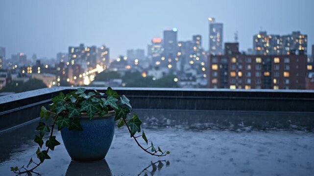 Anime scenery of a rainy balcony overlooking a city at night