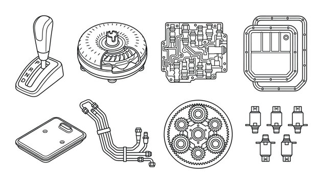 Isometric line art of automatic transmission parts including torque converter and valve body assembly