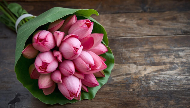 Pink lotus flower bouquet wrapped in leaf on rustic wooden table with copy space.