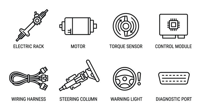 Modern electric rack and pinion steering system parts with motor and torque sensor thin line icons