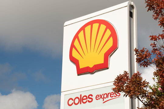 Sydney, Australia 2021-04-08 Shell fuels and Coles express brand logo sign on a white stand.