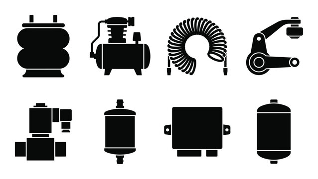Pneumatic suspension system parts flat icons set including air compressor tank bellows and valves