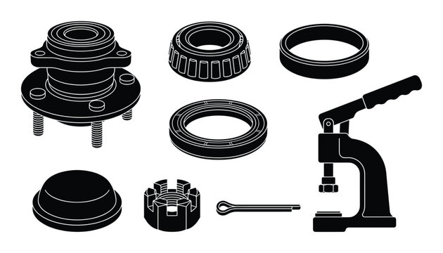 Set of black and white automotive parts icons for vehicle repair and maintenance