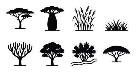 Set of black silhouettes of african trees and plants on transparent background isolated © GoDesigner