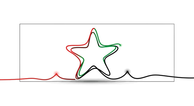 Dynamic abstract star illustration formed by flowing continuous red green and black lines on white