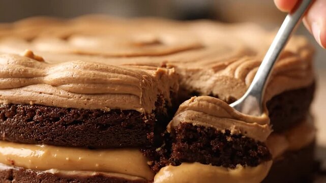 Close-up of a fork cutting into a delicious chocolate cake with creamy frosting.