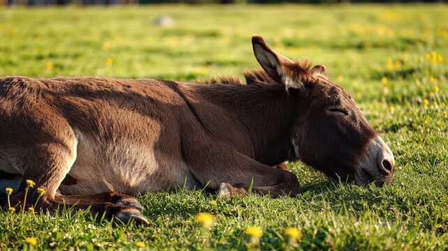 Peaceful Donkey Resting in a Sunny Summer Meadow