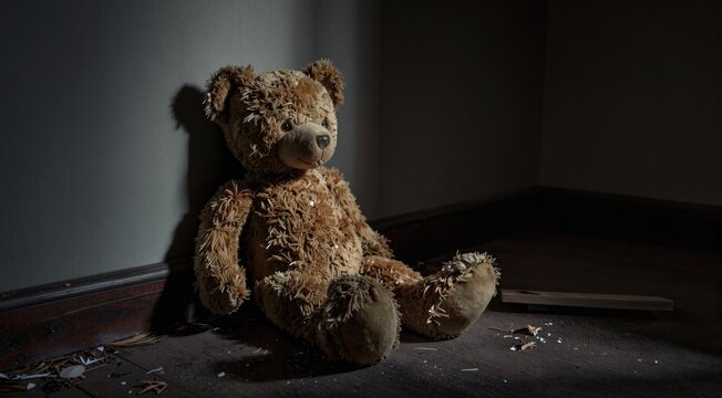 Worn teddy bear sitting in a dark corner. Abandoned plush toy on a wooden floor with dramatic lighting. Childhood nostalgia and loneliness concept