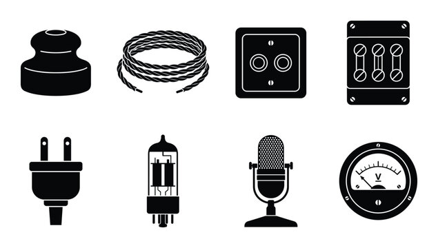 Set of vintage electrical components and devices vector illustration isolated on transparent