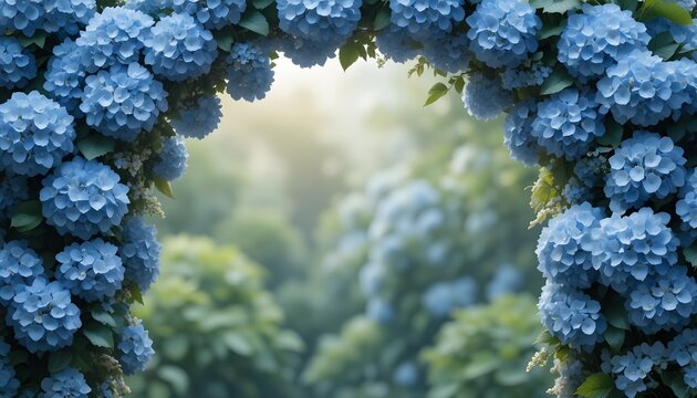 Blue hydrangea arch, cool tones, soft lighting, 8K