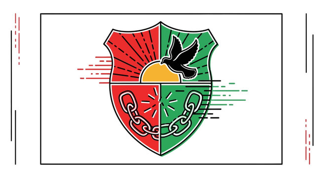 Quadrangular shield emblem featuring elements of liberation and aspiration in a modern