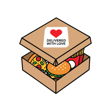 An open cardboard delivery box filled with pizza, a burger, and fries