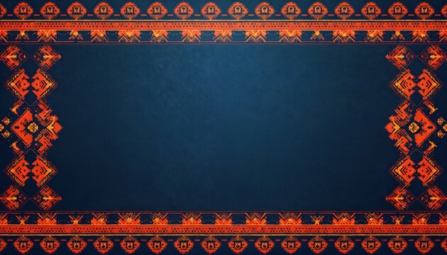 Dark blue backdrop framed with vibrant orange and beige geometric Igbo patterns. This traditional ethnic fabric design offers a rich cultural aesthetic perfect for various visual projects.