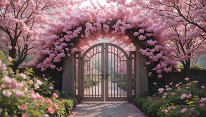 Naklejka premium Pink blossom garden gate, soft light, ultra realistic, 8K