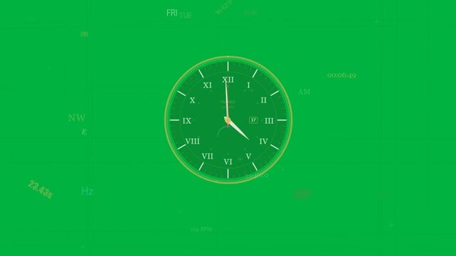 Gold-rimmed analog clock hands sweeping clockwise, triggered by elapsed time, HUD readouts updating