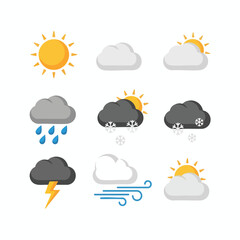 Obraz premium Weather icons depicting sun, clouds, rain, snow, lightning, and wind