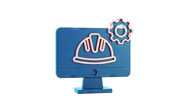 3D Rendering of Computer Monitor with Hard Hat and Gear Icons