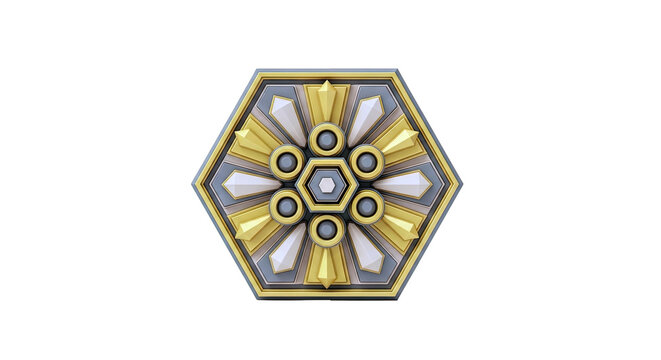 Hexagonal Geometric Emblem with Gold and Gray Accents
