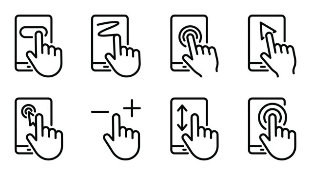 Collection of eight hand gestures on tablet screens, demonstrating user interface touch interactions