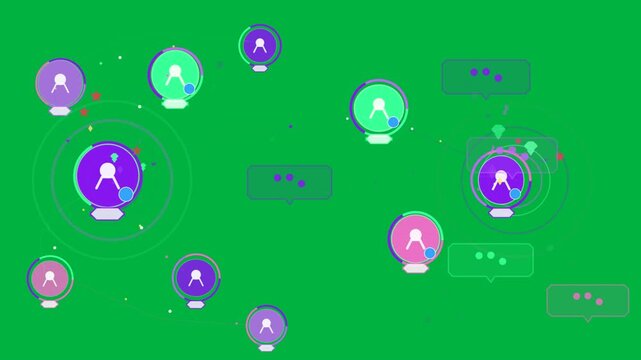 Avatar clusters pulsing on transparent bg, selecting rings, links moving messages for communication