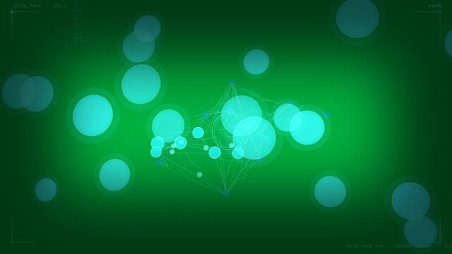 Network reacting to live social feed, forming dense teal node mesh on transparent canvas
