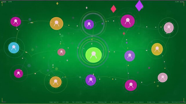 Green node getting data pulses and causing ring growth across tech network on transparent canvas