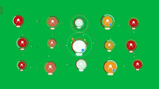 Abstract network activating, transparent bg, nodes pulsing, tracing links to central hub for data