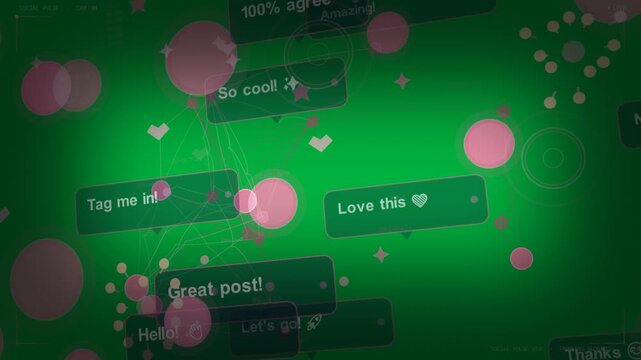 Converging nodes forming connectors, comments pulsing, mapping social engagement on transparent HUD