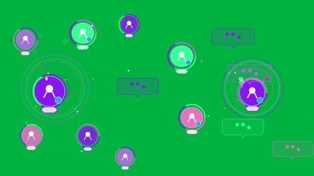 Left node emitting rings, lighting links and filling bubbles with icons, showing comms transparent