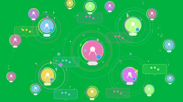 Vivid network nodes getting blue dot, linking, pulsing, sliding bubbles on transparent canvas