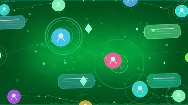 Two avatar nodes pulsing, ring pulses sending connector light, transparent backdrop for networking