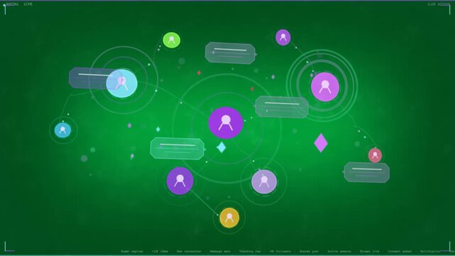 Purple hub ring appearing, pulsing, nodes bubbling labels, showing monitoring on transparent bg