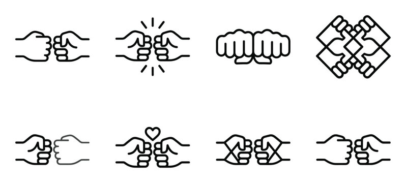 Fist bump line icon set friendship and partnership gesture brother handshake or cool deal symbol