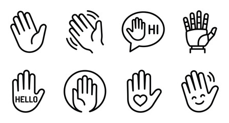 Greeting hand gestures line icon set showing hello hi welcome and waving palms for social messaging © GoDesigner
