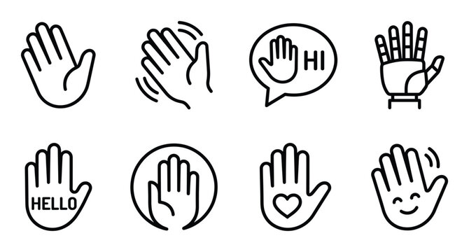 Greeting hand gestures line icon set showing hello hi welcome and waving palms for social messaging