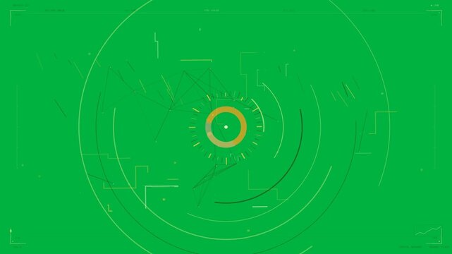 Pulse firing reticle, rings expanding, mesh nodes lighting, dots flowing for scan on transparent BG