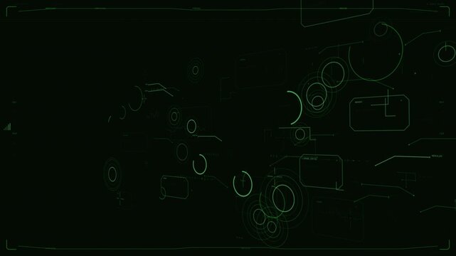 On load neon HUD emerging right rings rotating cards sliding showing data flow transparent canvas