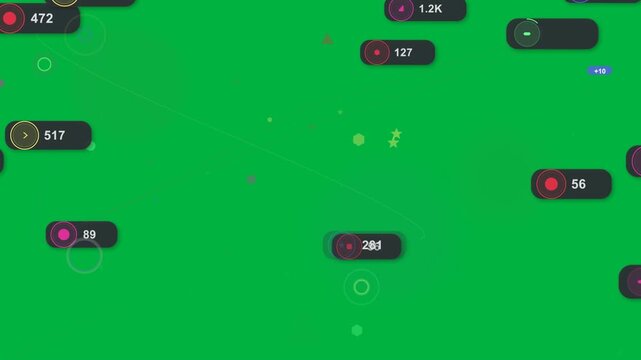 Yellow arc starting near left sending dots to blue badges rising showing value on transparent panel